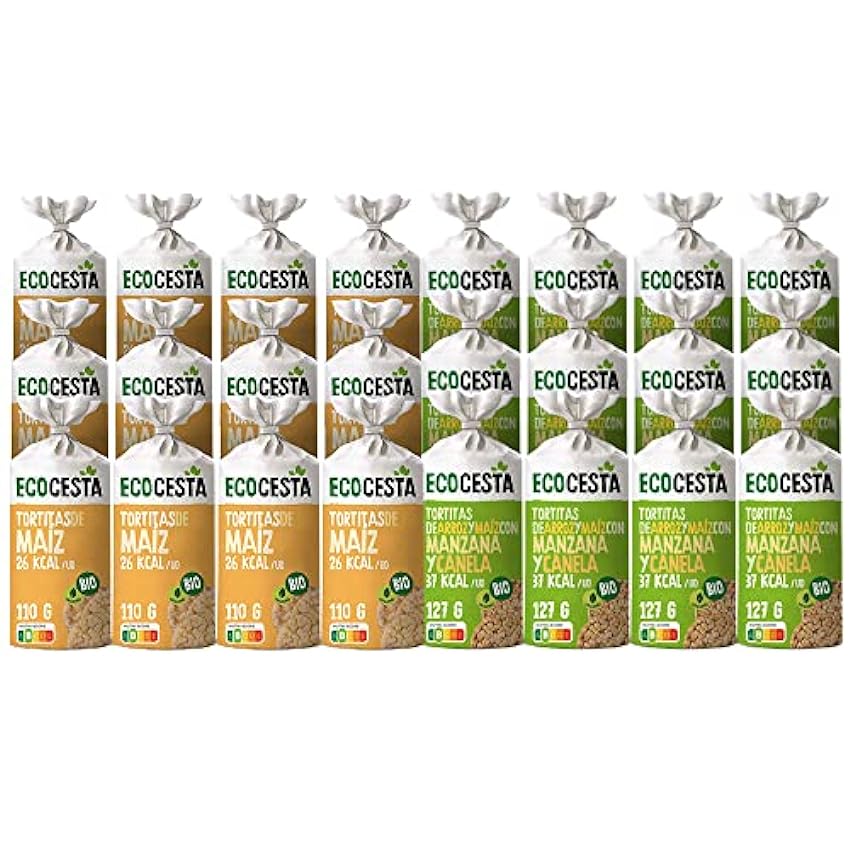 Ecocesta Pack de 6 unidades de 127 g de tortitas ecológicas de arroz integral y maíz con manzana y canela + Pack de 12 unidades de 110 g de tortitas ecológicas de maíz Ox4xHhVF