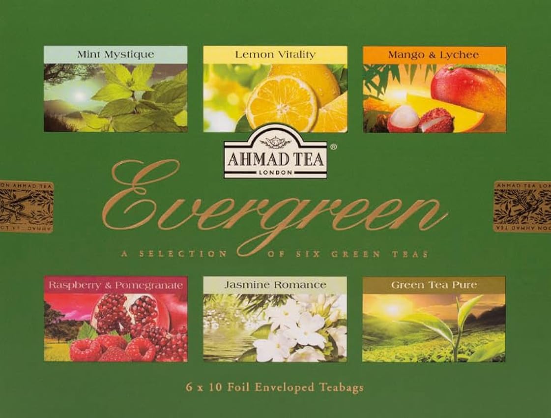 Ahmad Tea Evergreen - Surtido de 6 tés verdes - menta, limón, mango y lichi, frambuesa y granada, jazmín y puro - 60 bolsitas de té selladas con aroma y envasadas individualmente hIktaStF