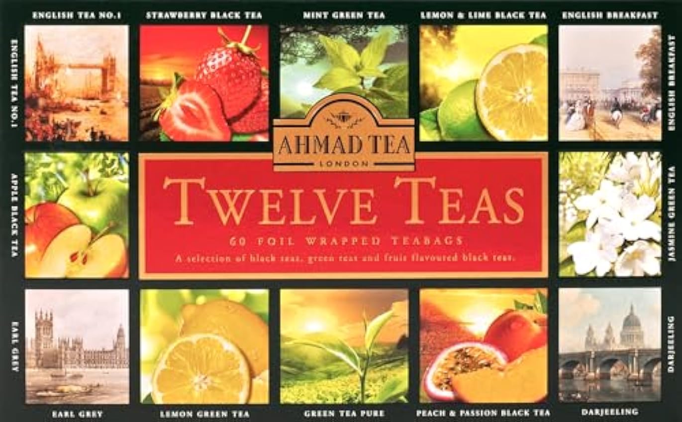 Ahmad Tea - Twelve Teas - Surtido de 12 tipos de té negro y té verde con diferentes sabores - 60 bolsitas de té envueltas individualmente, selladas con aroma y con cinta, 120g de té OQsJf13N