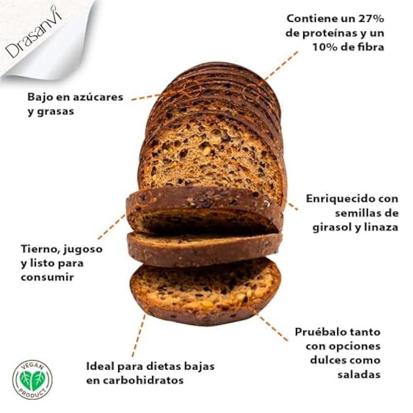 DRASANVI Pan Proteico Bajo en Carbohidratos|27% de proteínas y alto Contenido en fibra | ideal para dieta low carb y keto | Bajo en Azúcares y Calorías | Con Semillas de girasol y linaza | 365 gr jc9LCyTL