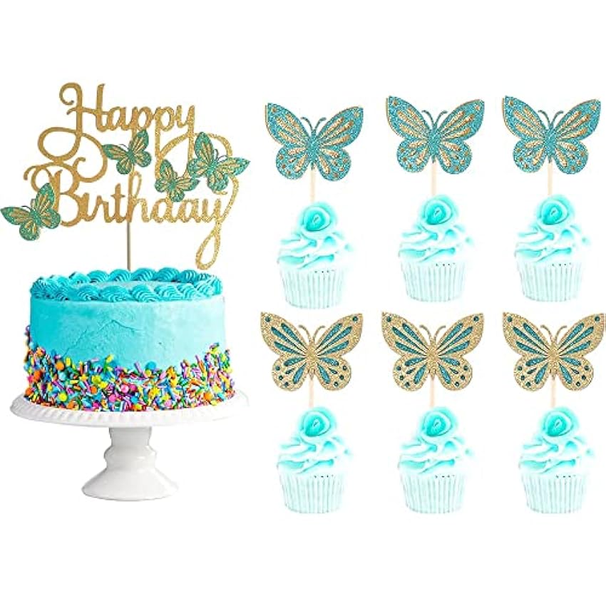ENYACOS Decoración para tarta de niña con mariposa y mariposa, decoración para tarta de cumpleaños, decoración para tartas, mariposas, Happy Birthday pastel de purpurina mariposa para tarta (B). NXawJB9v