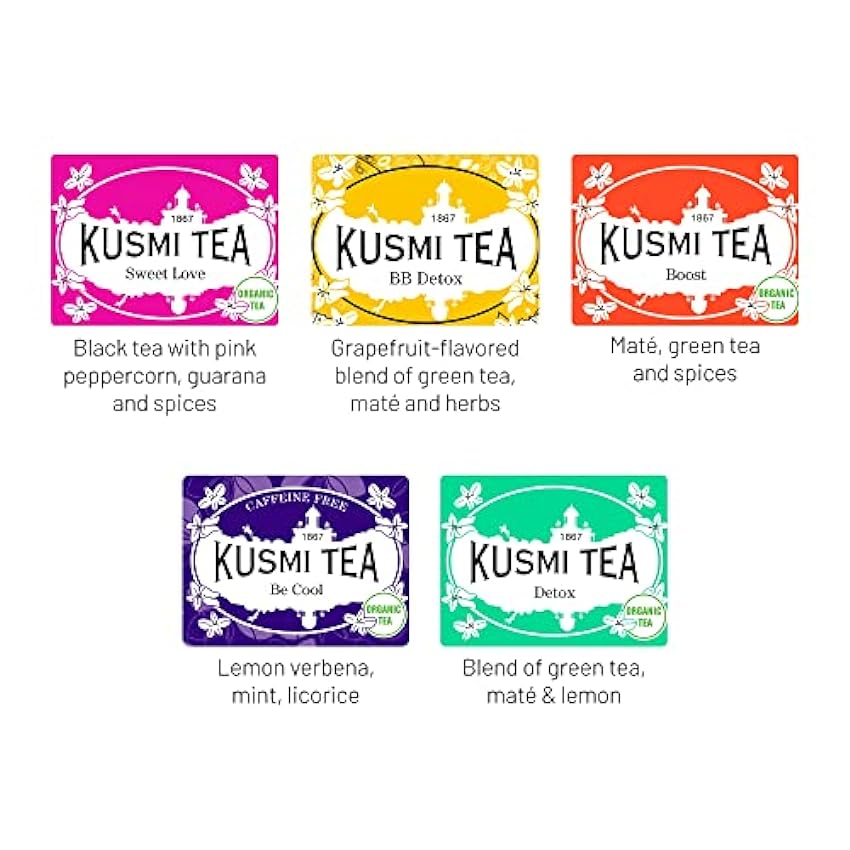 Kusmi Tea - Estuche de 5 Miniaturas Les Bien-Être - Surtido de Tés Aromatizados e Infusión- Té Detox, BB Detox, Boost, Sweet Love e Infusión Be Cool - Latas de té de metal 5 x 25 g mWEqVinG