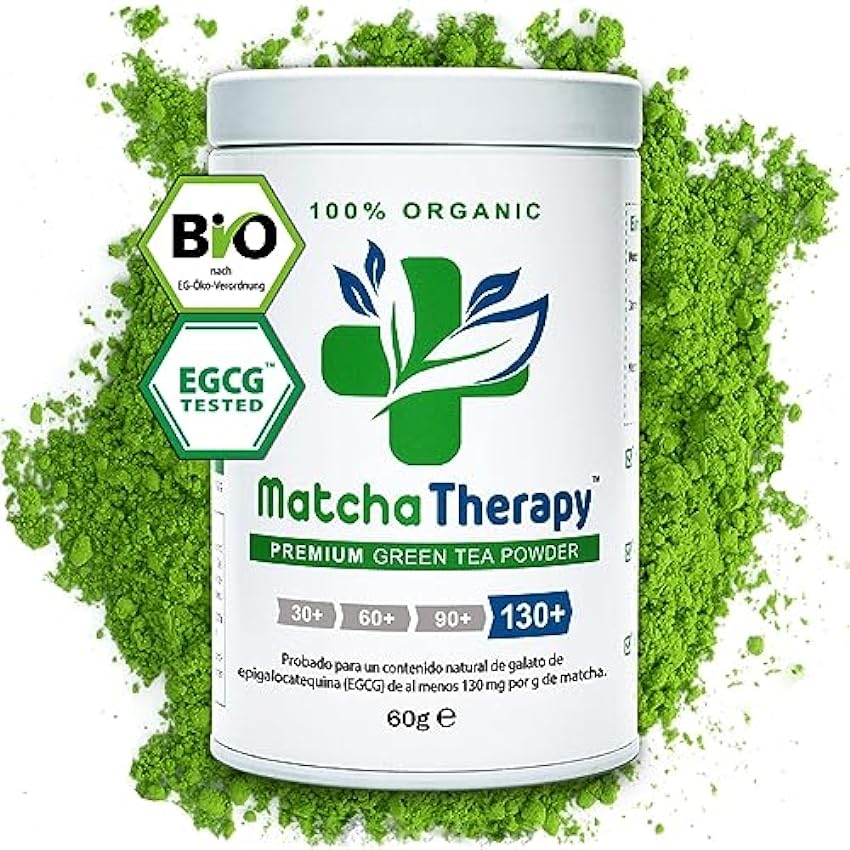 MatchaTherapy 130+ | Té Matcha 100% Ecológico | 60g | Al menos 130 mg/g de contenido de catequina probado EGCG | Apoya el sistema inmune & Nivel de Energia | Grado Premium | Té verde de Japón LEkdna7j