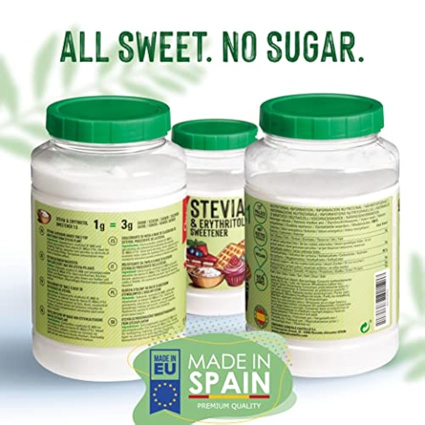 Edulcorante Stevia + Eritritol 1:3 | 1g = 3g de azúcar | Sustituto del Azúcar 100% Natural - 0 Calorías - 0 Índice Glucémico - Keto y Paleo - 0 Carbohidratos - No OGM - Castello since 1907-1 kg g4eq3KEn