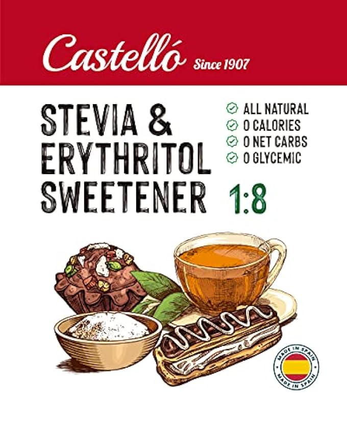 Edulcorante Stevia + Eritritol 1:8 | 500 sobres de 1g | Sustituto del Azúcar 100% Natural - 0 Calorías - 0 Índice Glucémico - Keto y Paleo - 0 Carbohidratos netos - No OGM - Castello since 1907-500 g M6KgVeey