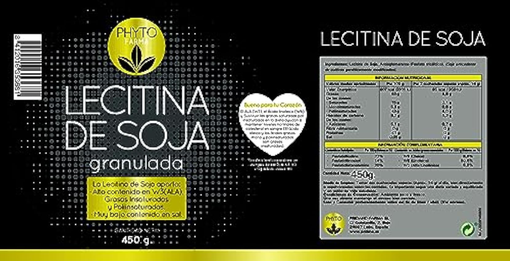 PHYTOFARMA Lecitina de Soja granulada 450 grs - Mejora la memoria y la salud hepática nhtSulH7