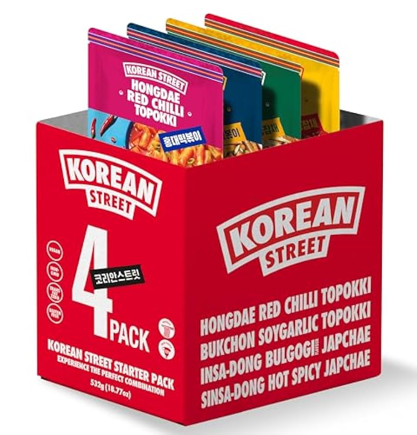 KOST_Starter Pack, sabores auténticos coreanos de tteokbokki y japchae con un paquete inicial lleno de características destacadas, saludable, rápido y fácil (paquete de 4) MaL5Ee8G