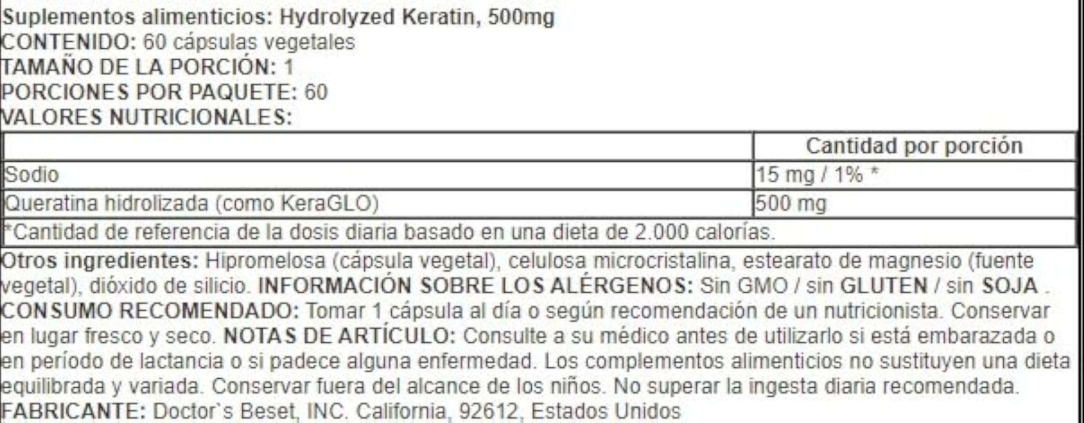 Doctor´s Best Queratina Hidrolizada 500mg - Suplemento para Cabello y Uñas, 60 cápsulas vegetales NIdTl1wu