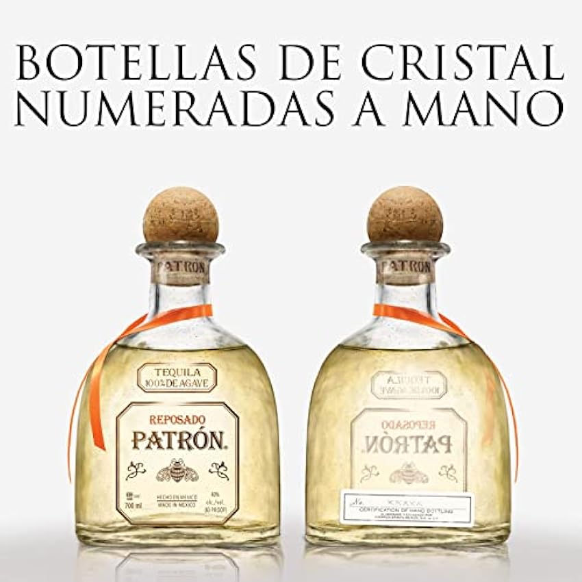 PATRÓN Reposado Premium Tequila, elaborado artesanalmente en México con el mejor agave azul Weber 100 %, en pequeños lotes, madurado más de dos meses en barricas de roble, 40 % ALC., 70 cl / 700 ml MBoIQIvQ