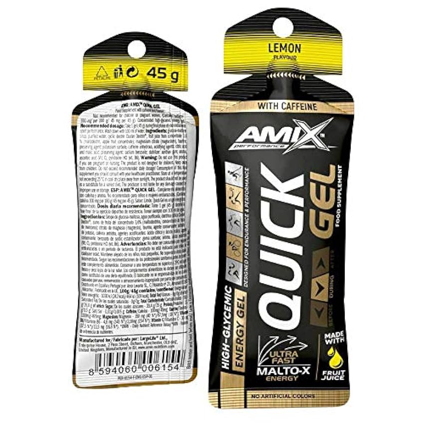 AMIX - Complemento Vitamínico Quick Gel - 40 Sobres de 45 g - Rápida Absorción - Ayuda a Retrasar la Fatiga y Aporta Energía - Formulado a Base de Palatinosa - Sabor Limón Iez5rHIk