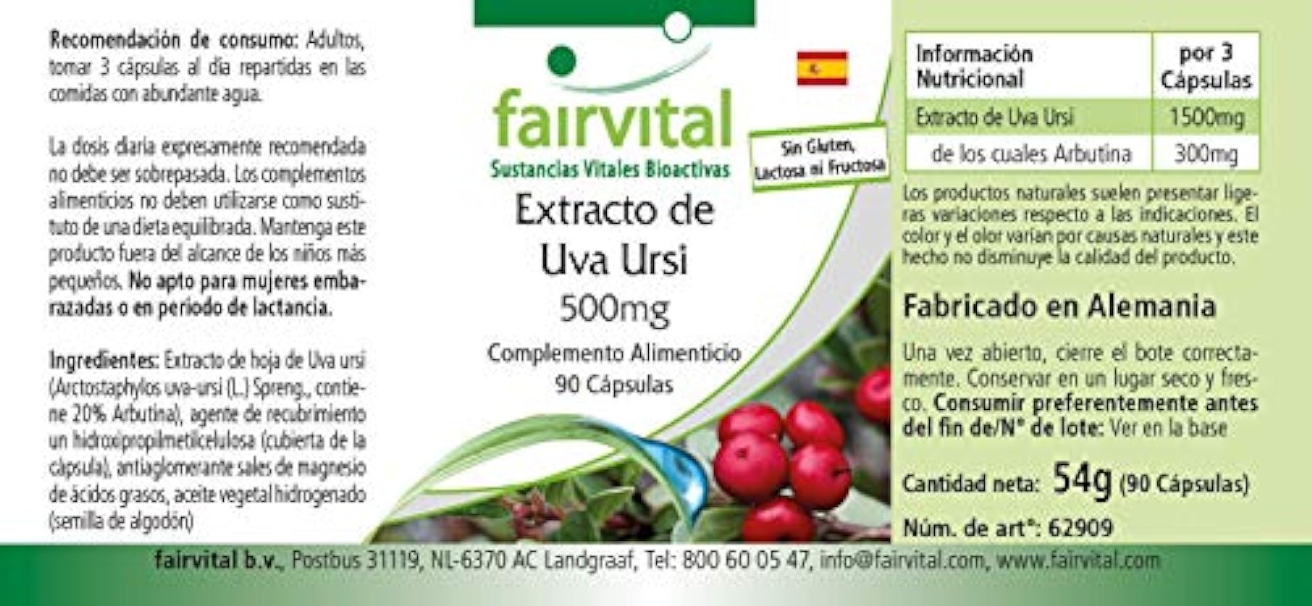 Fairvital | Extracto de Gayuba 500mg - Uva Ursi - Dosis elevada - 20% de Arbutina - VEGANO - 90 Cápsulas - Calidad Alemana gjItEcv9