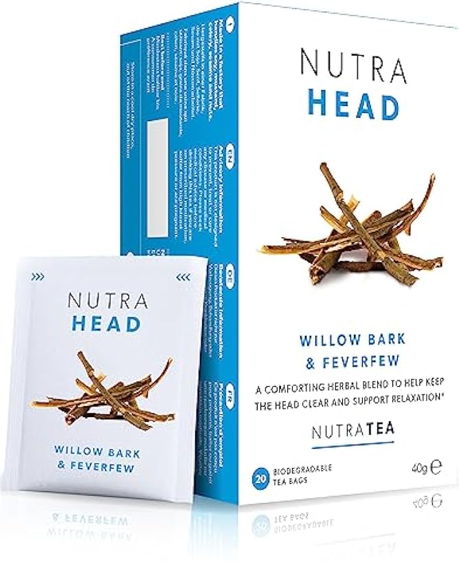 Nutra Tea NUTRAHEAD - Té para aliviar la migraña | Té de alivio del dolor de cabeza - Para aliviar la migraña y el dolor de cabeza por tensión - Incluye Feverfew, corteza de sauce y rodiola - 20 iqyj9Sk7