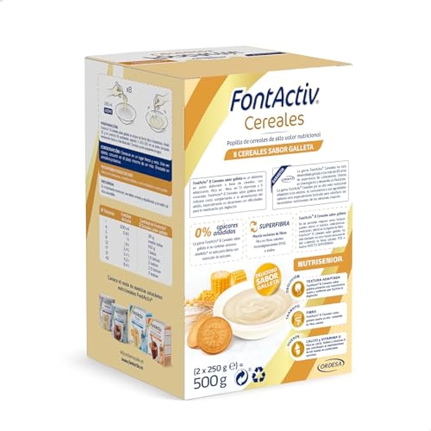 FontActiv 8 Cereales Galleta | Papilla de cereales de alto valor nutricional para adultos y mayores con arroz, avena, maíz y más - 500g II30qXB5