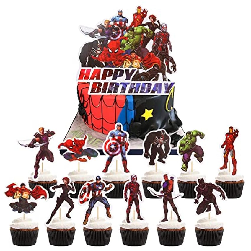 JunMallko 13 Pcs Decoración de Superhéroes Cupcake, Avengers Cake Topper, Pastel Superhéroe Decoración, Decoración Reutilizable del Pastel Spider - Man, Decoración para Tartas oWGVzmoV