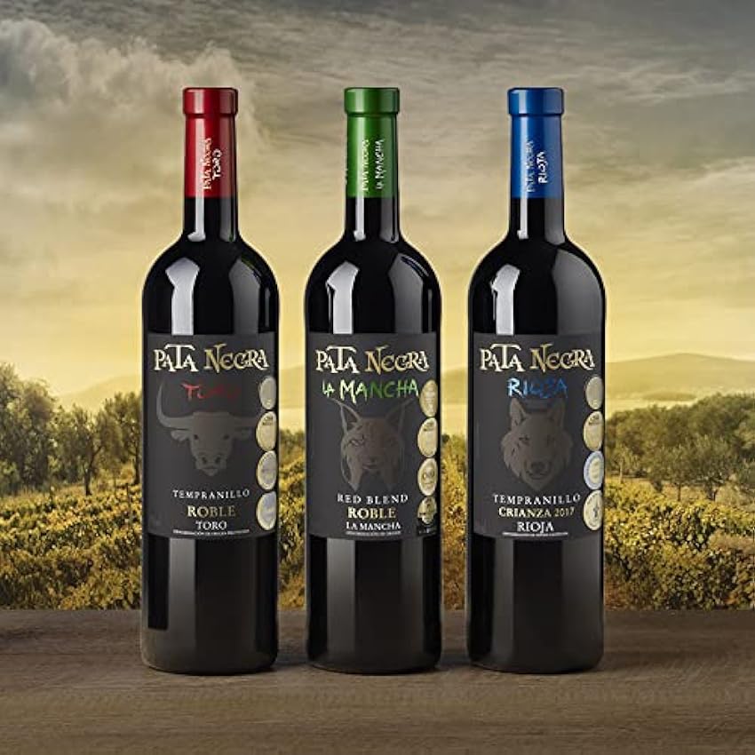Pata Negra - Tempranillo - Estuche Edición Especial Fauna Ibérica de 3 x 750 ml Botellas de Vino con D.O. Rioja Crianza, Toro Roble y Mancha Roble. nlmnzgmb