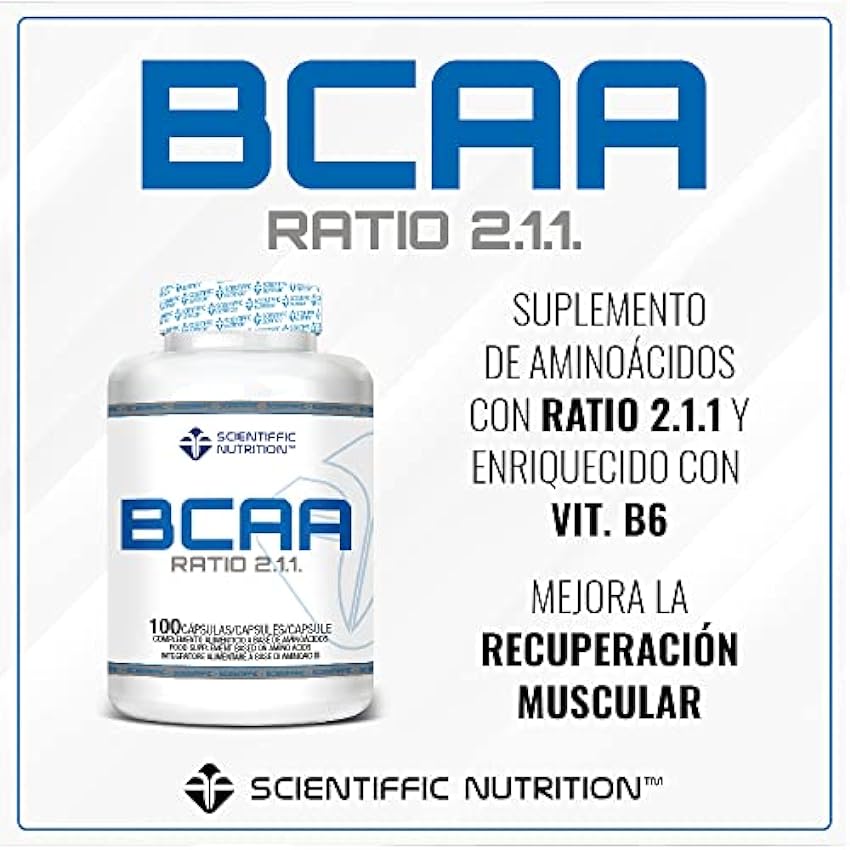 Scientiffic Nutrition - BCAA, Aminoácidos Esenciales Ramificados en Polvo en Proporción 2:1:1, Mejora la Recuperación Muscular y el Aumento de Masa Muscular - 100 Cápsulas. kYissUWC