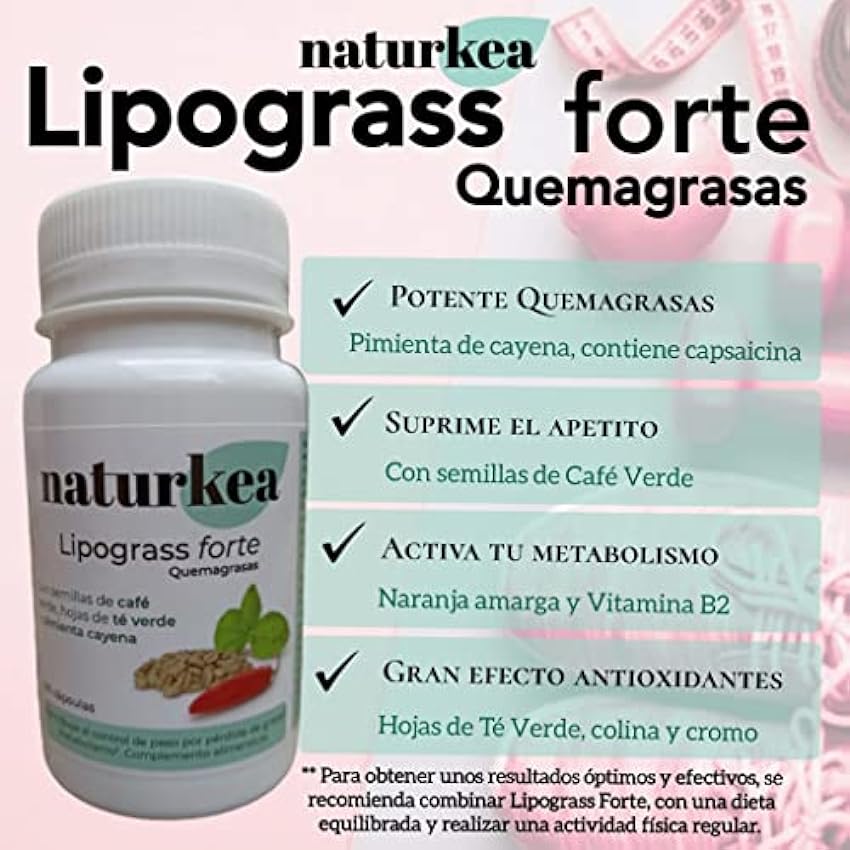 Lipograss Forte Naturkea:Quema Grasas para Adelgazar, Acelera el metabolismo para Perder Peso.Café verde+Pimienta de Cayena+Té verde+Naranja Amarga+Cromo- 60 Capsulas Quemagrasas (30 dias) fMEIapb6