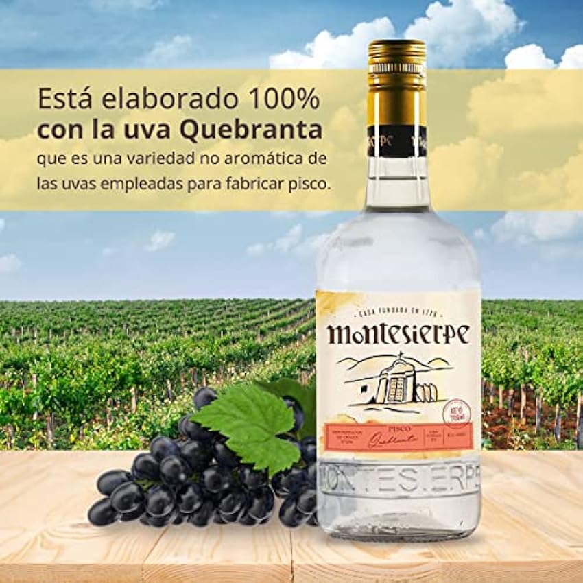 Montesierpe Pisco Quebranta - Botella de Licor de 70 cl - Pisco Peruano con Dulzor de Frutas como Manzana o Platano - 40% de Alcohol - Ideal para Preparar Cocktails HV5WeDWt