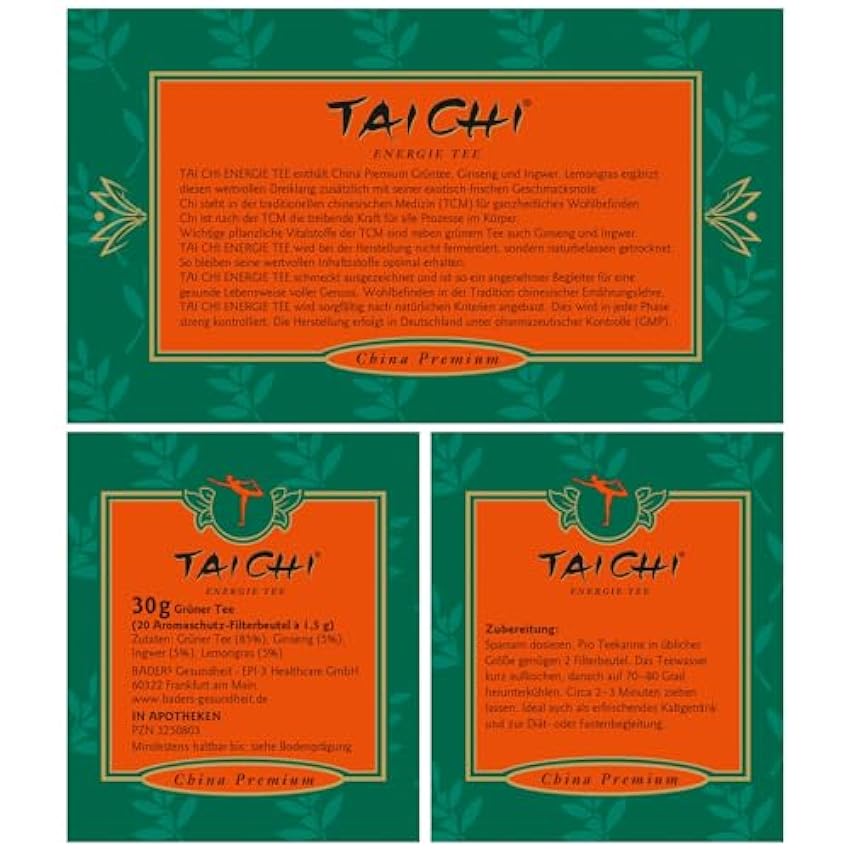 BADERs Tai Chi Energy Tea de la Farmacia, Té Verde Premium Para Mayor Energía y Vitalidad, con el Poder de la Raíz de Ginseng, Transparente, 2 x 20 bolsas de filtro oVYyiydP