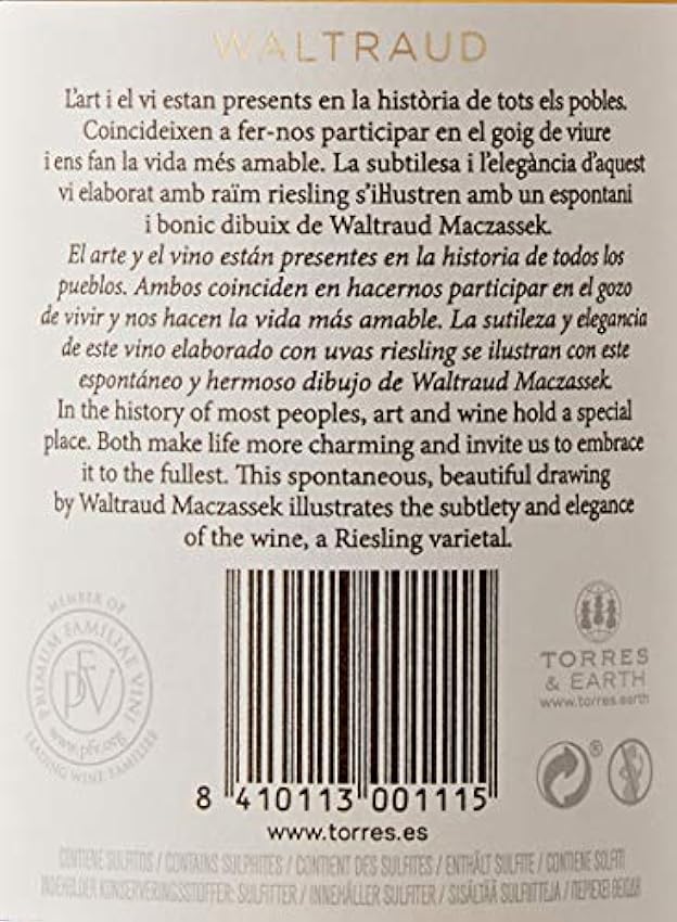 Familia Torres Waltraud, Vino Blanco - 3 botellas de 75 cl, Total: 2250 ml fyBquppw
