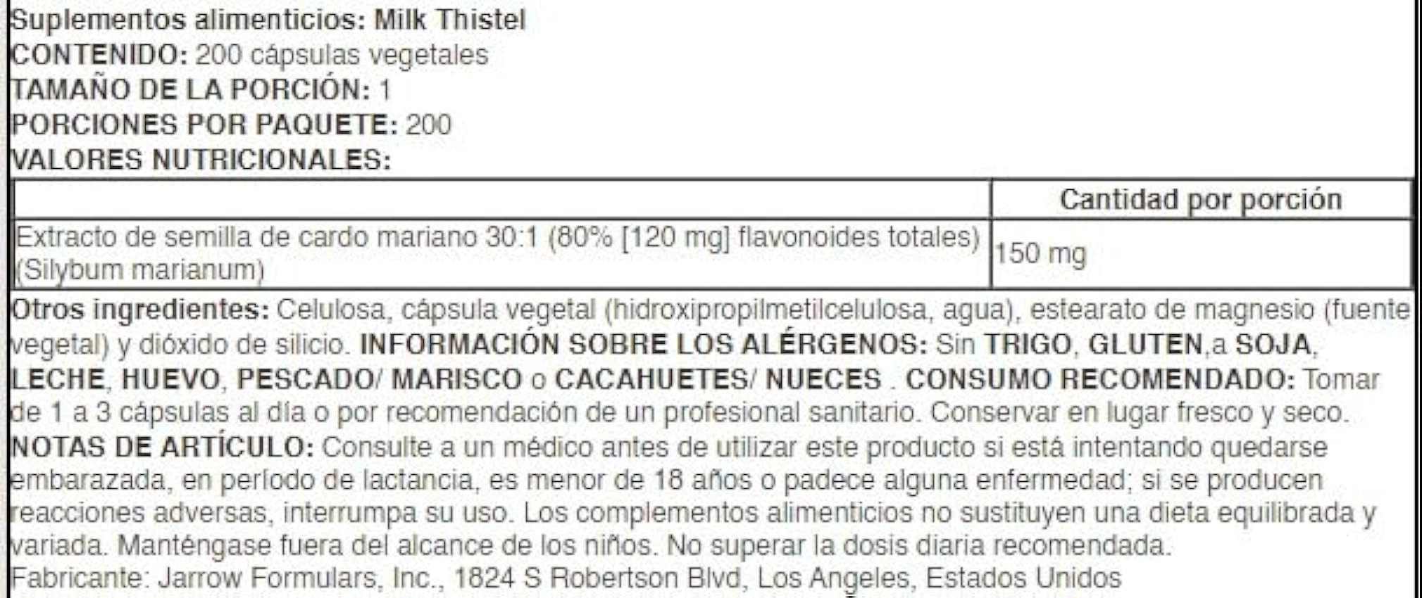 Jarrow Formulas Milk Thistle, 150mg - 200 Cápsulas Vegetales - Salud del Hígado y Antioxidante, Suplemento Natural para Desintoxicación jcElRMdZ