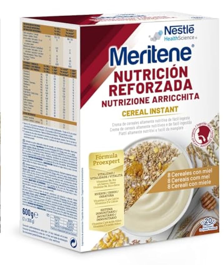 Meritene® Nutrición Reforzada – Cereales Instantáneos – 8 Cereales con miel- 6 sobres de 300g - Plato principal altamente nutritivo de fácil ingesta para personas con dificultad para tragar KMVpId6e
