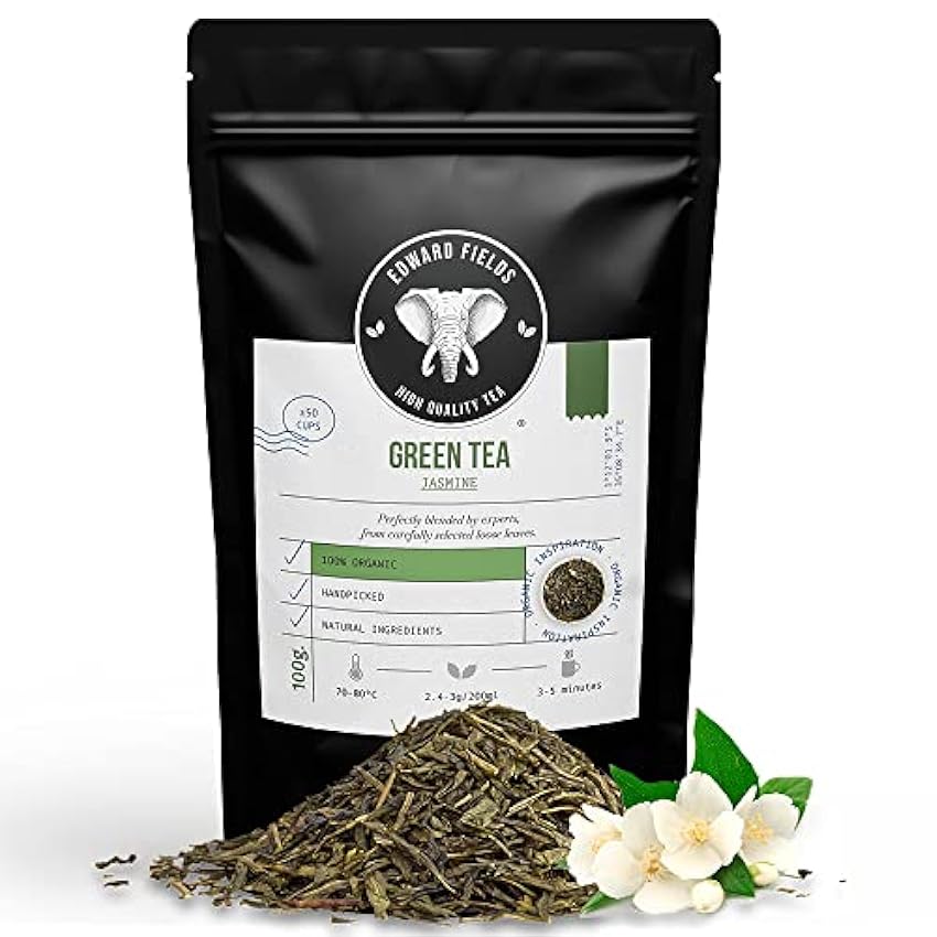 Edward Fields Tea ® - Té verde orgánico a granel con Jazmín. Té bio Sencha recolectado a mano con ingredientes y aromas naturales y ecológicos, China. 100g / 50 tazas NSHxCoUl