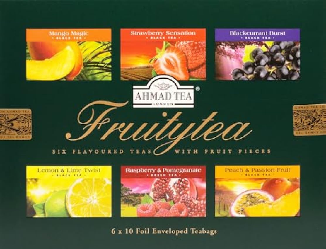 Ahmad Tea Fruitytea - Surtido de té negro y verde - 6 variedades - mango, fresa, grosella, limón y lima, frambuesa y granada, melocotón y maracuyá - aroma sellado - 60 bolsitas de té jE17WX1D