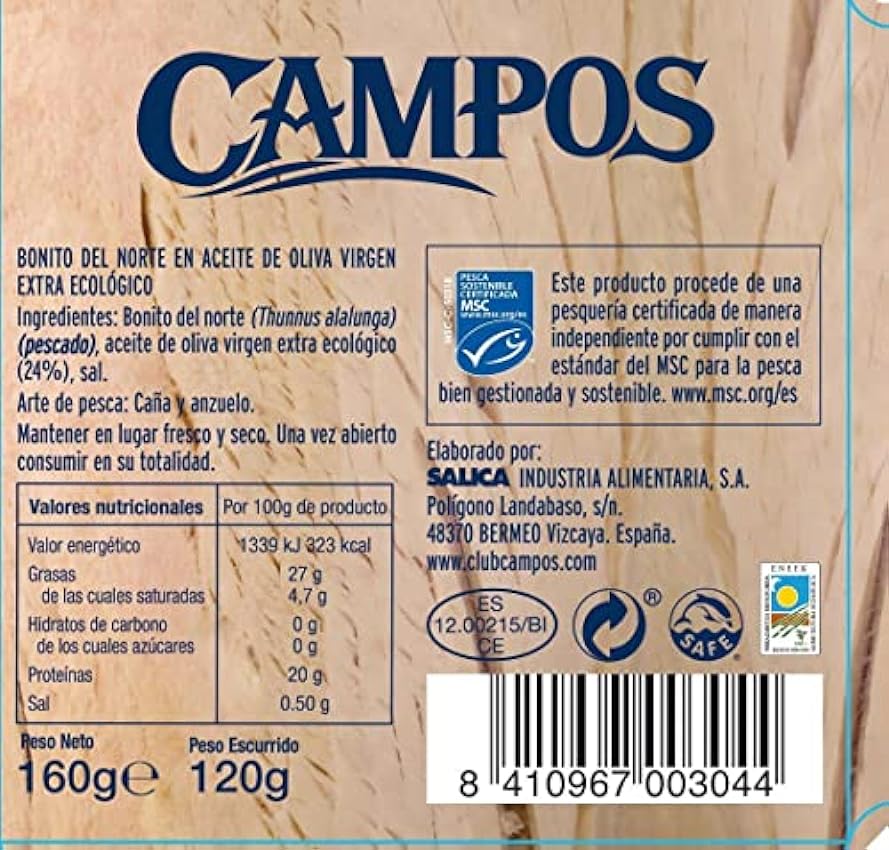 CAMPOS, Conserva de Bonito del Norte de pesca certificada MSC en aceite de oliva virgen extra ecológico - pack de 6 latas de 160 gr. Ge2FZ4KF
