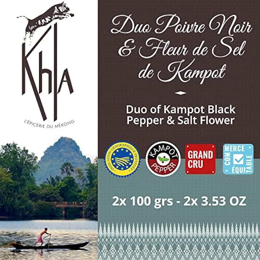 KHLA - Duo Pimienta negra de Kampot y Flor de sal de Kampot - Embalaje Tradicional en Hojas de Palma - 2x 100g Pj0z7uVC