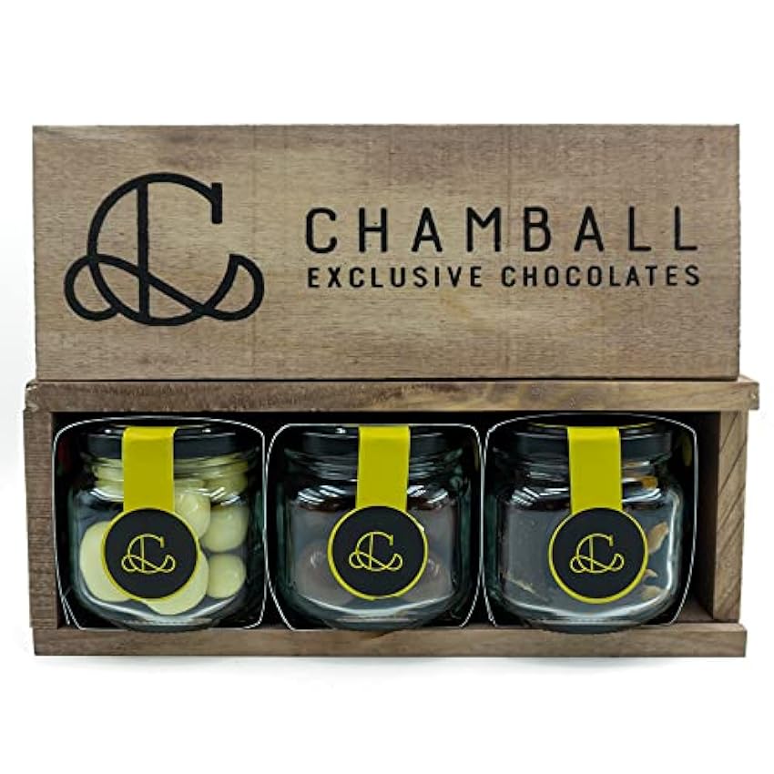 Chamball Degustación Fruits · 3 Frascos de Bombones de Chocolate Belga · Exclusivos Bocados de Chocolate Artesanal en 3 Sabores · Nuevo Packaging en Caja de Madera · Perfecto para Regalar nASixaSO