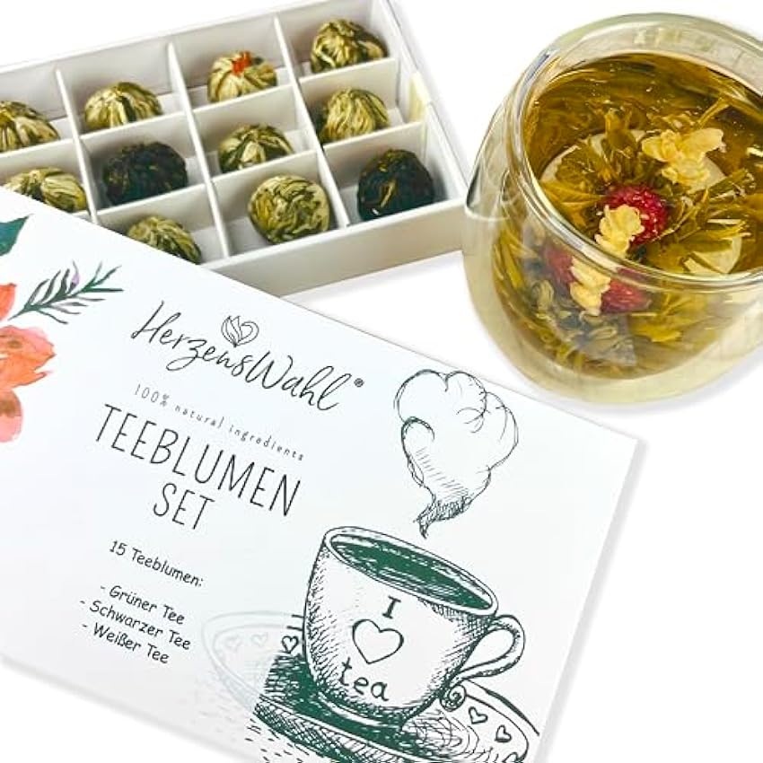 HerzensWahl Juego de regalo de flores de té, 15 flores de té blanco, té verde y té negro en caja de té, rosas de té, juego de flores de té para amantes del té, incluye caja de regalo K4HKveiR