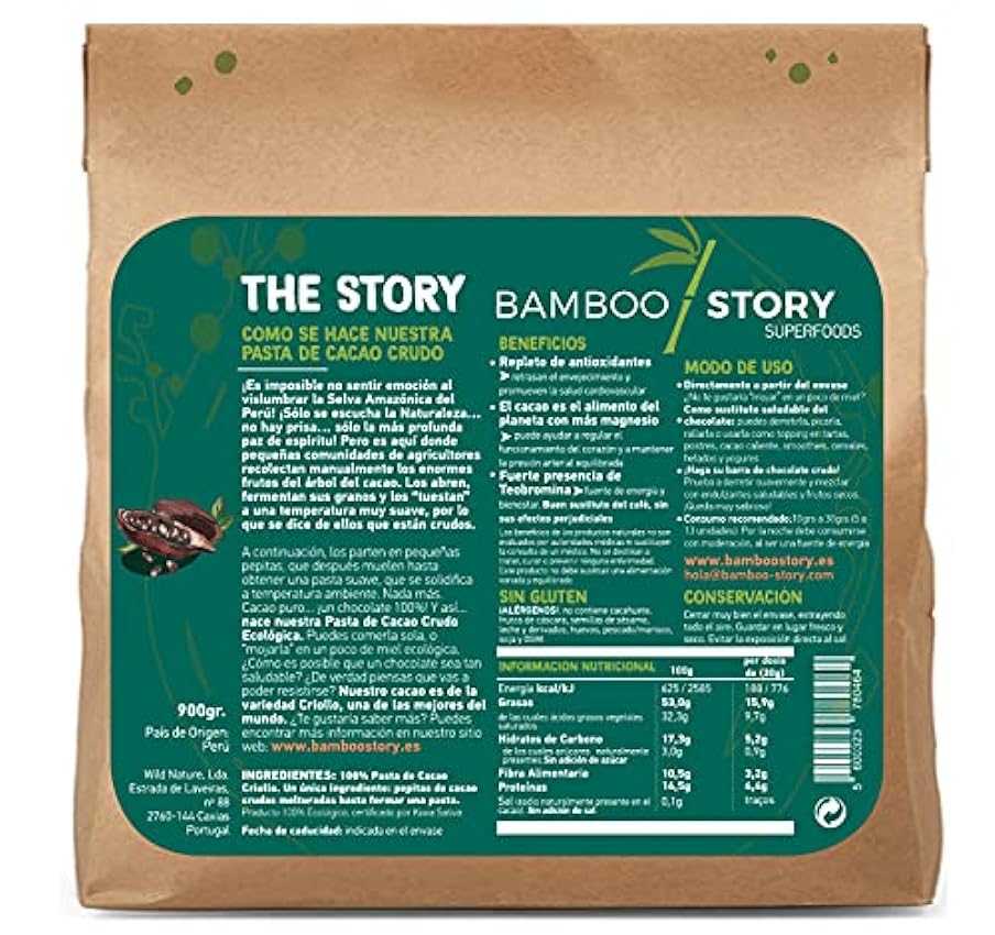 CRUDO | BAMBOO STORY | Pasta Cacao | Obleas | Criollo | Peruano | Ecológico | 900g | 100% Puro | Masa GTKrGHEW