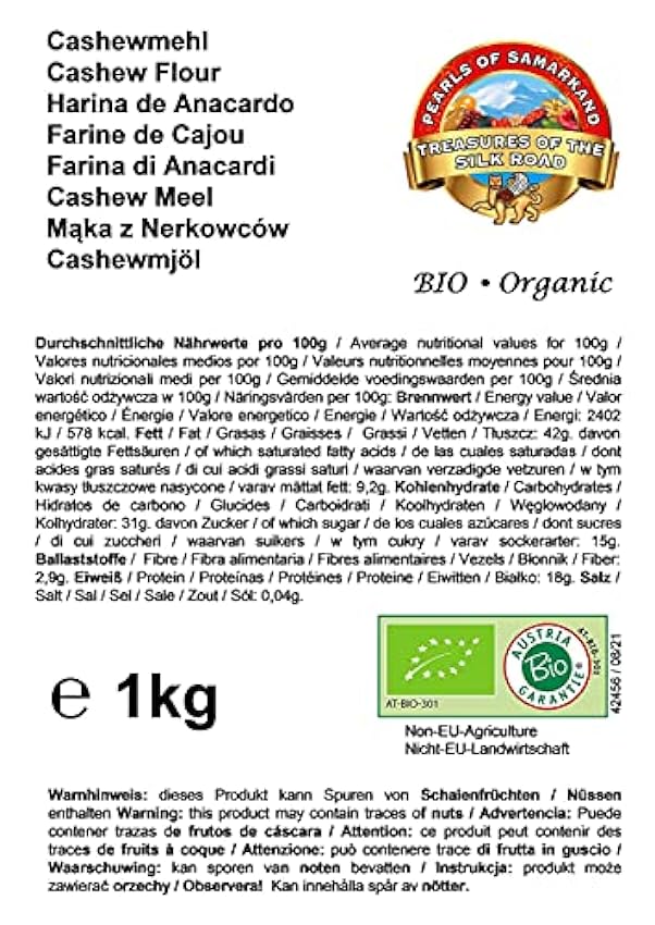 Harina de anacardo BIO 1 kg - sin desengrasar - elaborada a partir de anacardos sin tostar y sin sal en calidad de crudos - ideal para la cocina vegana JKMFb421