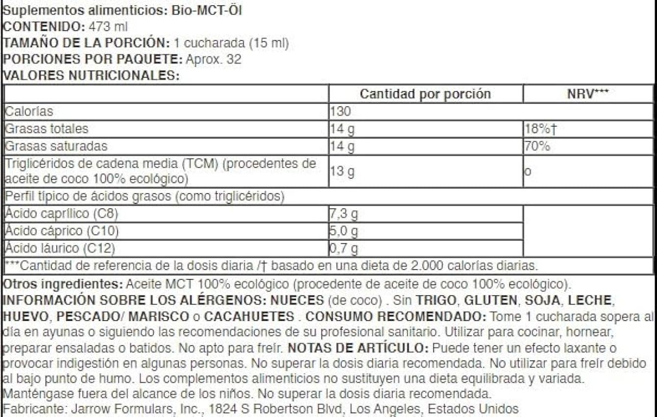 Jarrow Formulas Aceite MCT Orgánico, Sin Sabor - 473ml - Energía y Cetogénico MLE7wVe3