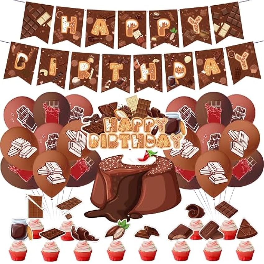 Suministros de fiesta de chocolate, juego de decoraciones de fiesta de cumpleaños de chocolate, pancarta de cumpleaños, decoración para tartas, cupcakes, globos para chocolate, decoración de ducha de hjXtv7r6