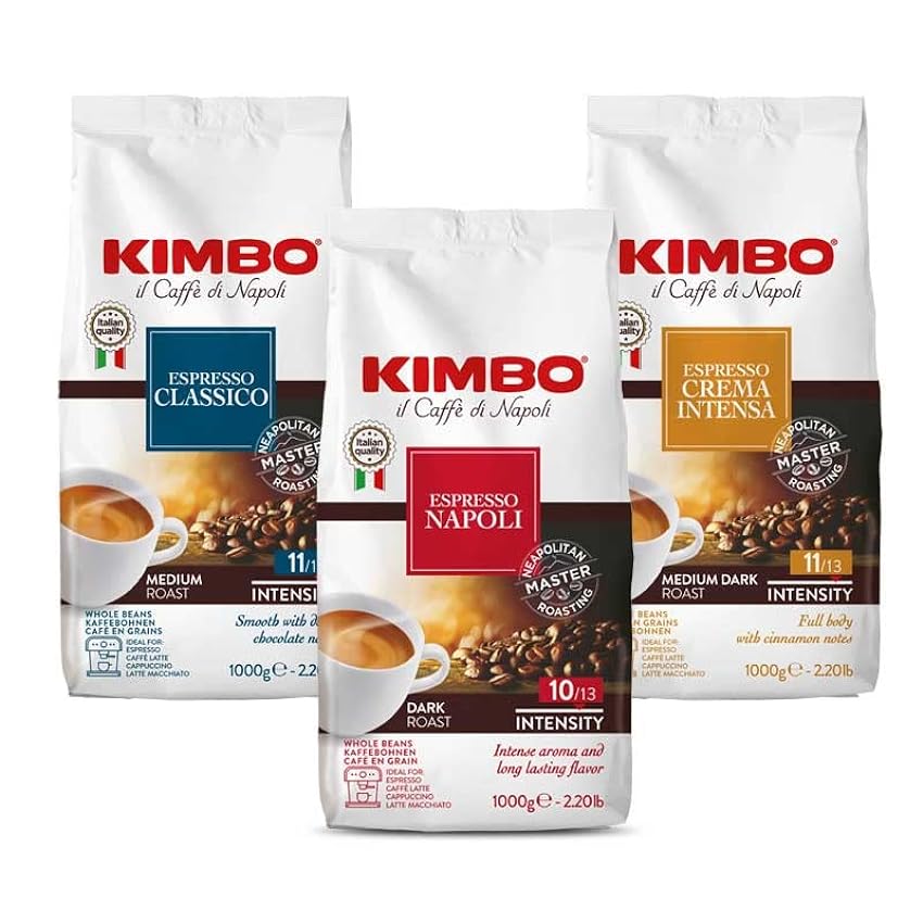 Set Degustación Kimbo granos de café: Classico, Espresso Napoli y Crema Intensa 1 kg x 3 oj9g8W8G