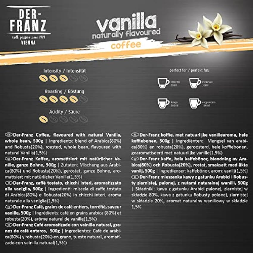 Der-Franz Café, Aromatizados con Vainilla, Café mezcla de Arábica y Robusta granos enteros, 3 x 500 g KWxs97YW
