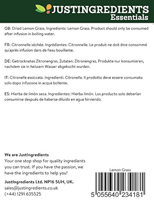 JustIngredients Essential Hierba Limón - 5 Paquetes de 250 gr - Total: 1250 gr hJJdmnfO