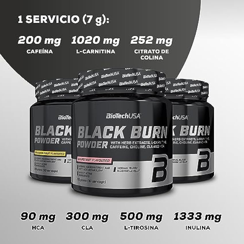 BioTechUSA Black Burn Powder | Fórmula Termogénica Avanzada | Metabolismo de la Grasa, Aumento de Energía | Extractos de plantas, vitaminas, minerales, 210 g, Passion fruit G6P24Tva