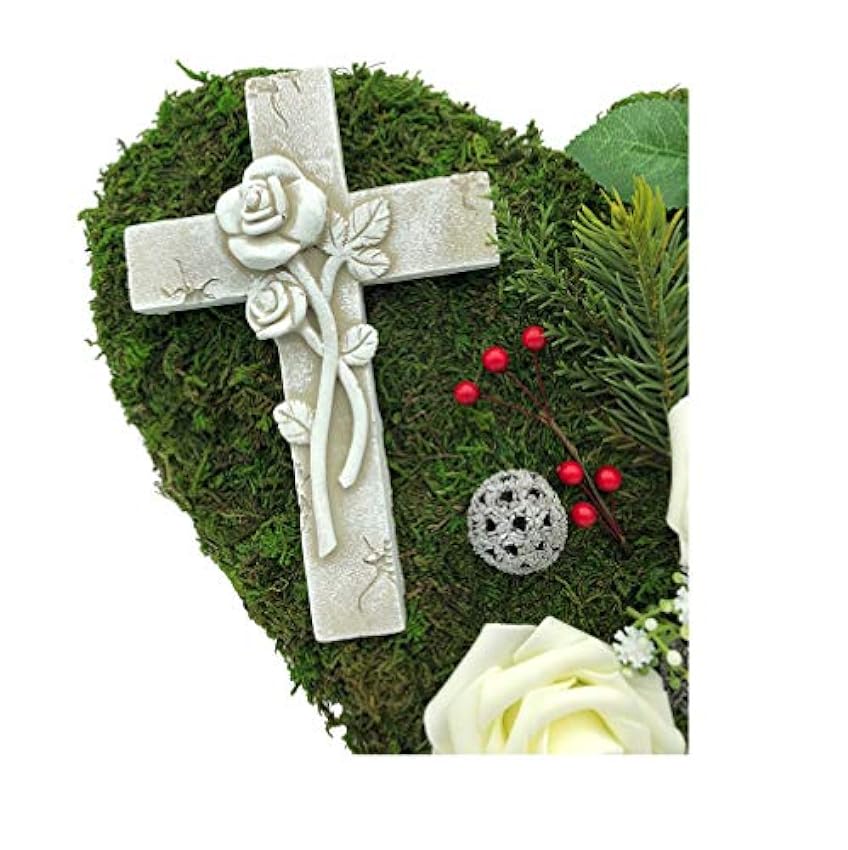 Radami Decoración para tumba con forma de corazón de musgo, cruz o ángel, 30 cm, 3 rosas blancas lSYgMcwu