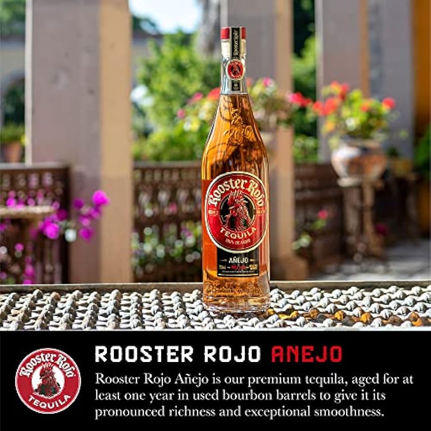 Rooster Rojo Añejo Tequila - Elaborado con 100% Agave Azul Weber - Doble Destilación, Filtrado por Plata, Envejecido en Barrica - 38% Vol 70cl (700ml / 0.7 Litro) Botella de Vidrio IZcRy94y