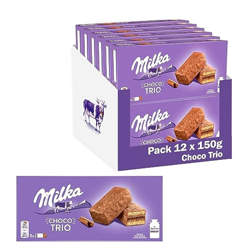 Milka Choco Trio Bizcocho de Cacao y Cubierto con Chocolate con Leche de los Alpes 150 g, Pack de 12 IzB9ZFtq