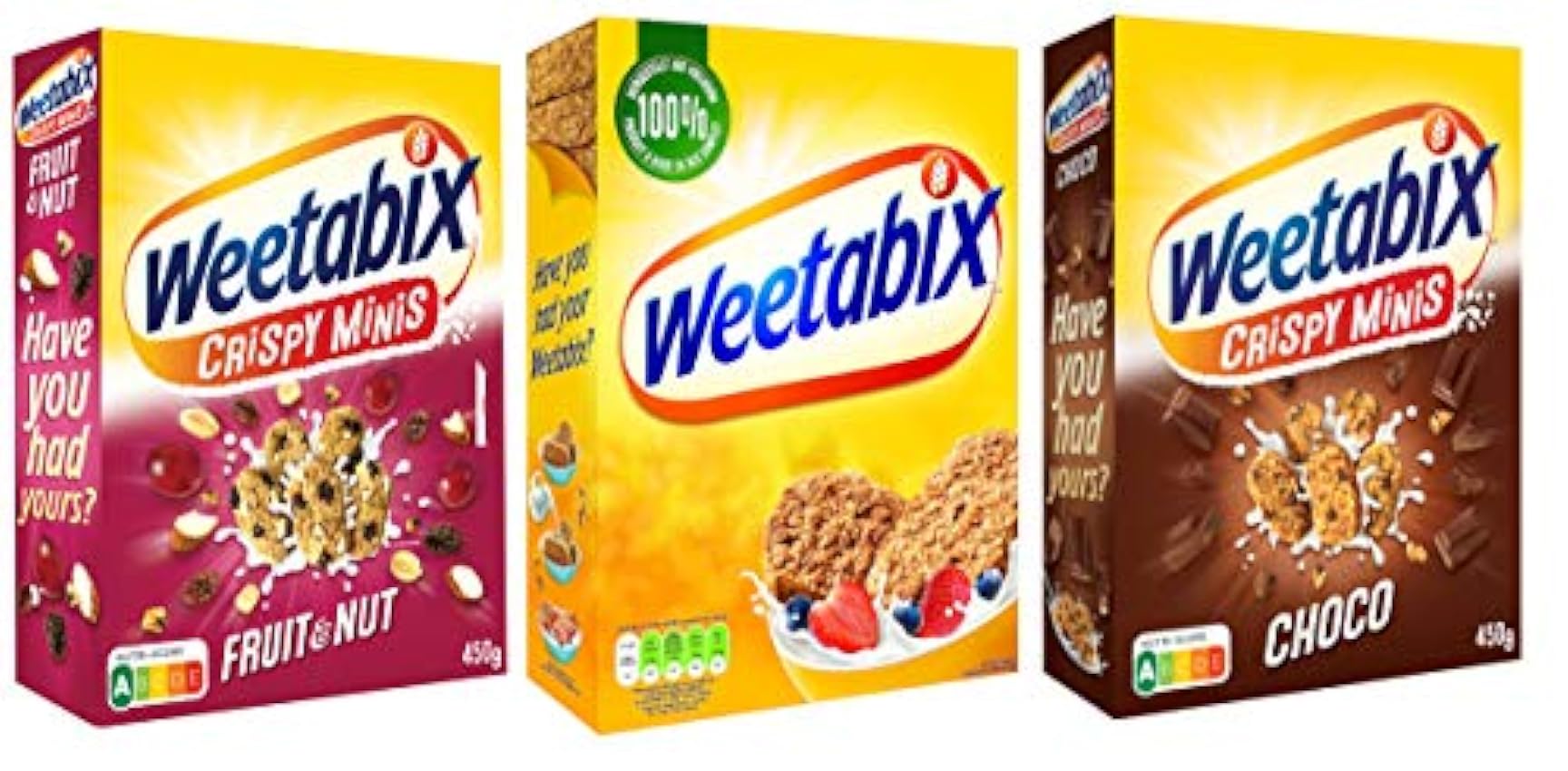 Weetabix 3 pcs. juego de prueba Minis Fruit & Nut, Choco & Original - Cereales de desayuno - Cereales integrales - Alto contenido en fibra, 2x450g+1x430g OxrZWj1Q
