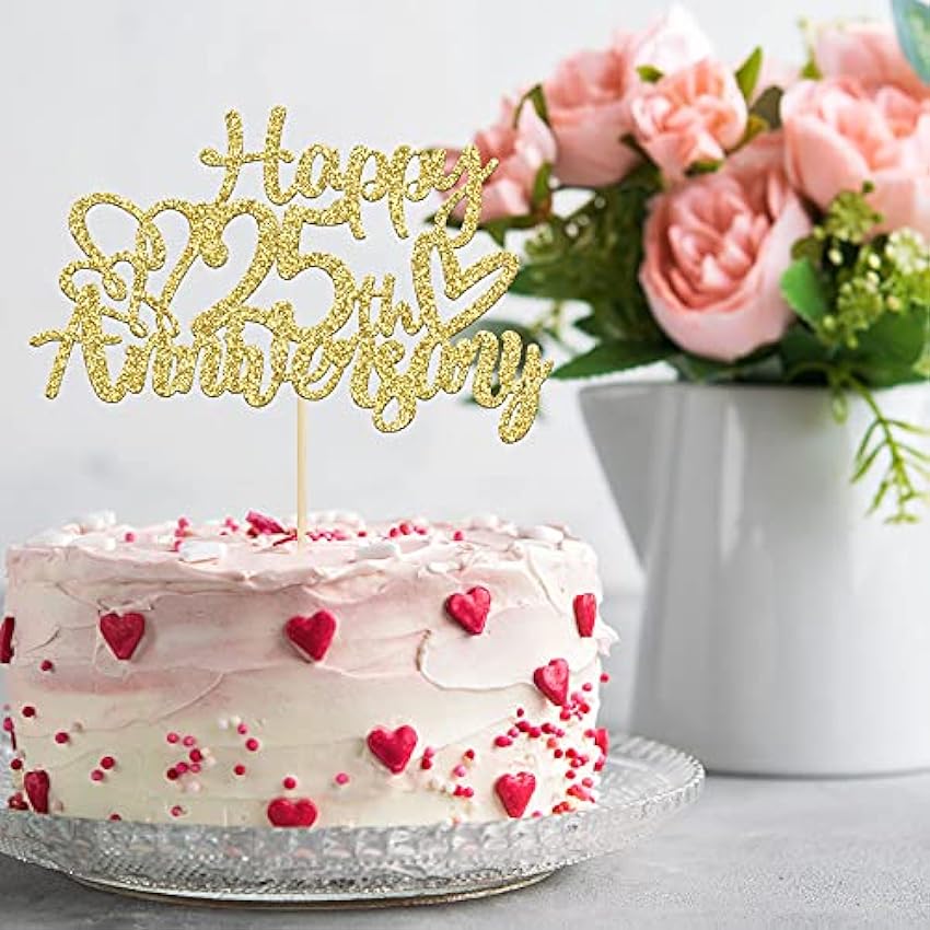 Gyufise Paquete de 3 adornos de pastel de 25 años con purpurina dorada para decoración de tartas de 25 cumpleaños, aniversario de 25 bodas, aniversarios, fiestas de cumpleaños jhlVAuA5
