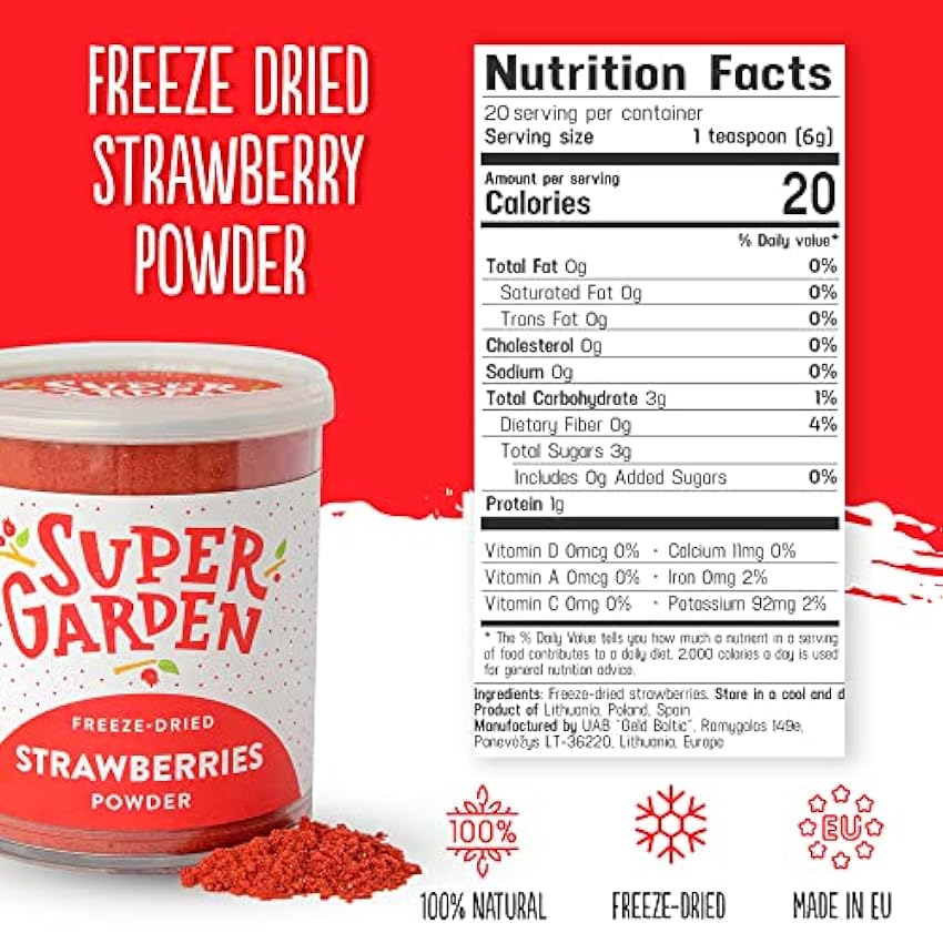 Super Garden fresa liofilizada en polvo - Producto 100% puro y natural - Apto para veganos - Sin azúcares, aditivos artificiales ni conservantes añadidos - Sin gluten - No OMG Gat1ByPg