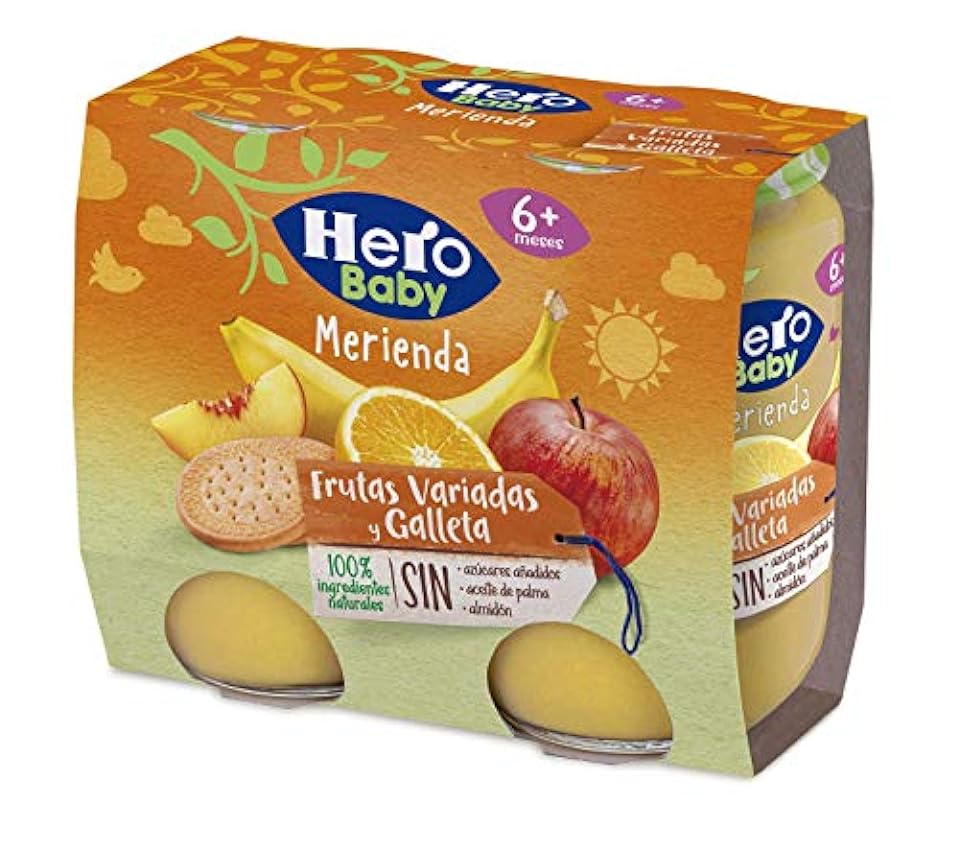 Hero Baby Merienda Tarritos de frutas variadas y galleta - Para niños a partir de los 6 meses - 6 Packs de 2x190gr NTb7A5fs
