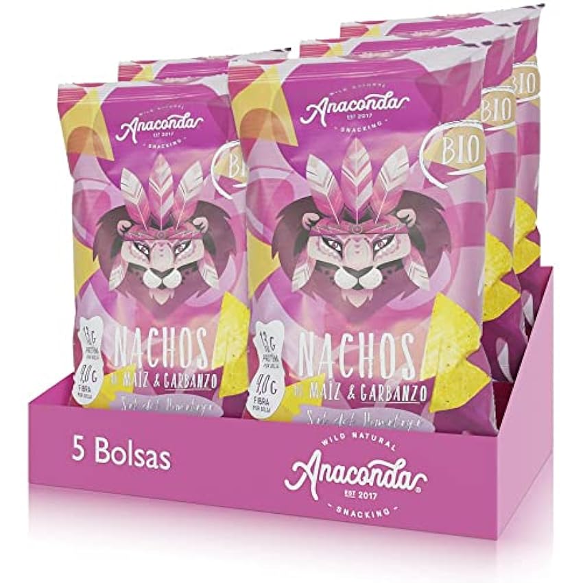 Anaconda Foods - Pack de 5 bolsas de Nachos de Maíz y Garbanzos Bio Orgánico de Grano Entero con Sal del Himalaya - Plant Based - Formato: 5 Bolsas x 125g Iunjkb8e