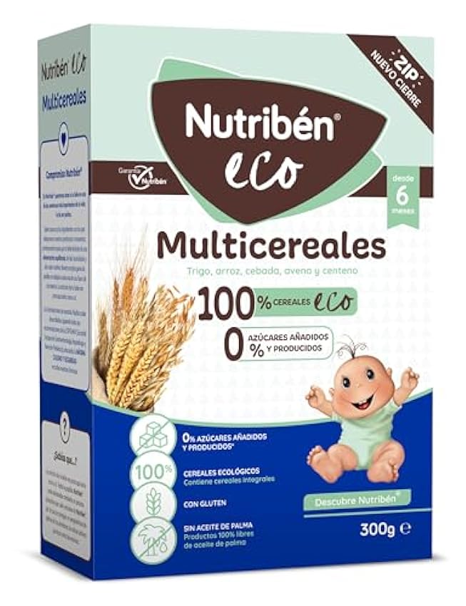 Nutribén EcoPapilla Multicereales | Alimento para Bebés a partir de 6 meses | 0% azúcares añadidos | Cereales Ecológicos, Trigo, Arroz, Avena, Cebada y Centeno | Sin aceite de palma | 12x300g | 3600g J8frwfBu