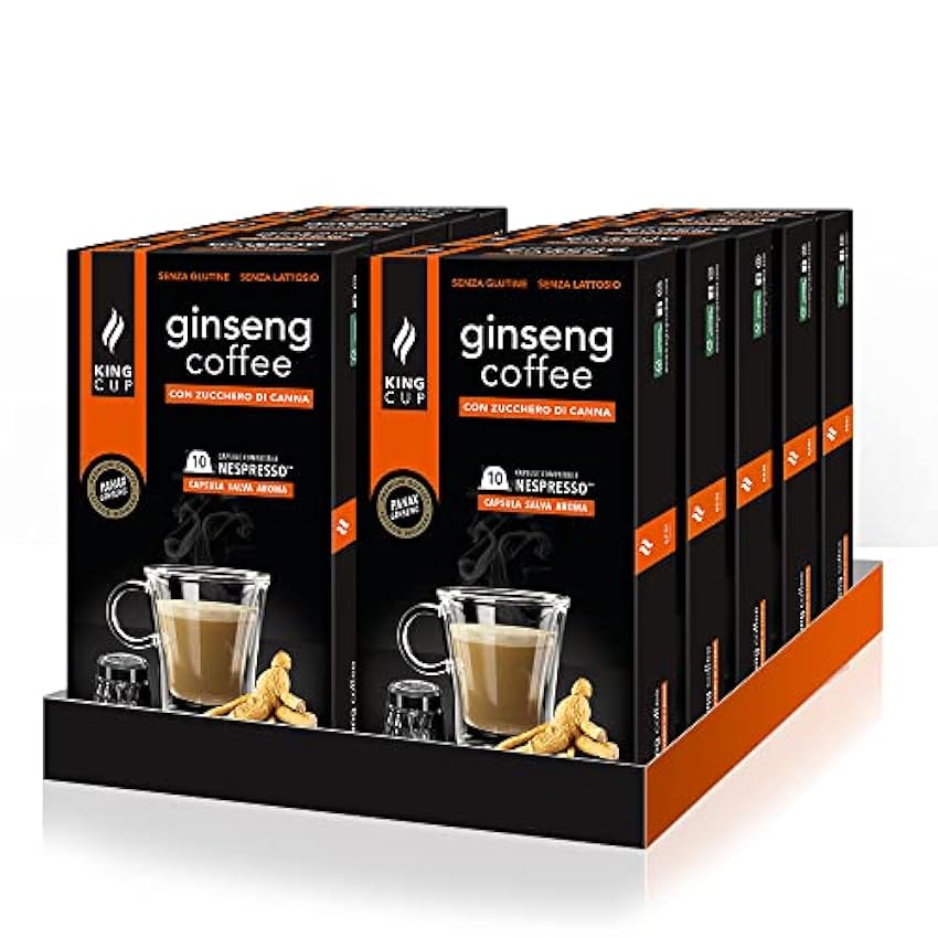 King Cup - 10 Paquetes de 10 Cápsulas de Ginseng con Azúcar de Caña, 100 Cápsulas 100% Compatible con el Sistema Nespresso de Bebida con Sabor de Ginseng, Sin Gluten y Sin Lactosa NerygncG